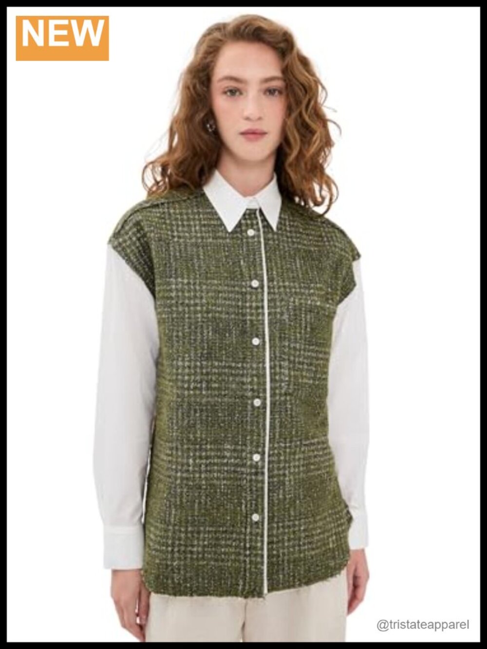 IRO Women's Button Down Shirt Poplin Tweed Trim Long Sleeve